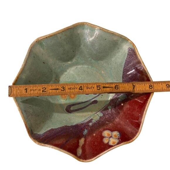 Signed Art Studio Pottery Bowl Dish Purple Bluish Green - Picture 6 of 7
